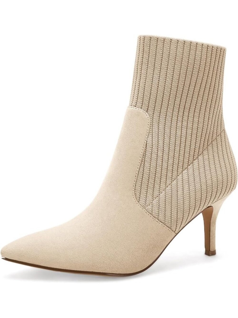 Women's Beige Faux Suede Stiletto Kitten Heel Fashion Pointed Toe Ankle Boots